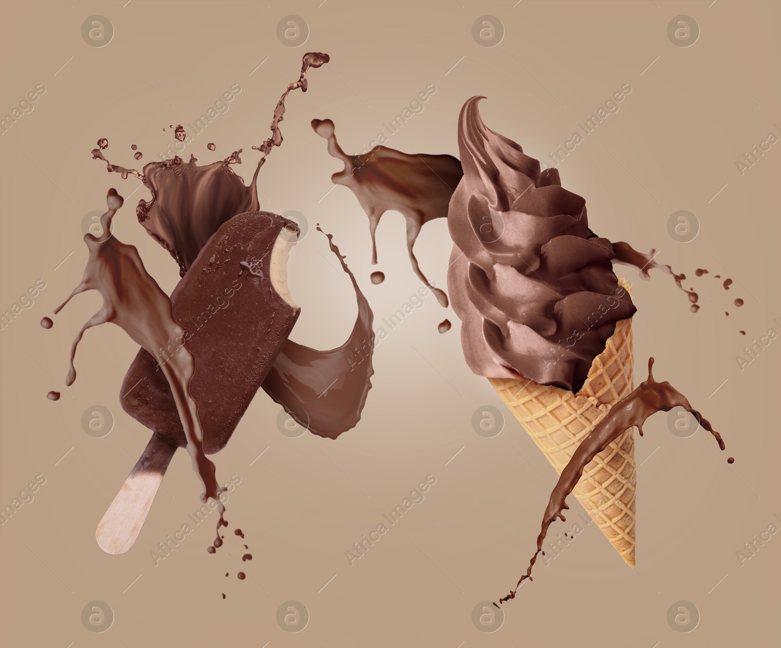 Chocolate ice creams and splash of milk on dark beige background Image of Chocolate ice creams and splash of milk on dark beige background