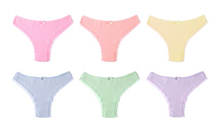 Image of Beautiful women's panties in different colors on white background, set