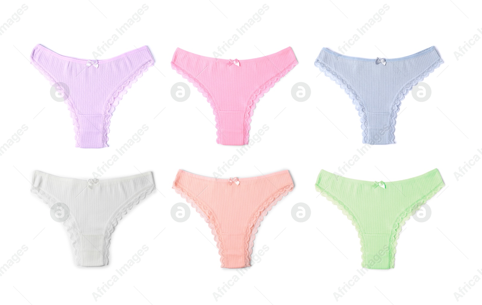 Beautiful women's panties in different colors on white background, set Image of Beautiful women's panties in different colors on white background, set