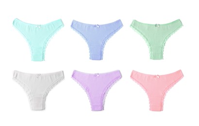 Image of Beautiful women's panties in different colors on white background, set