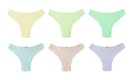 Image of Beautiful women's panties in different colors on white background, set