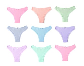Image of Beautiful women's panties in different colors on white background, set