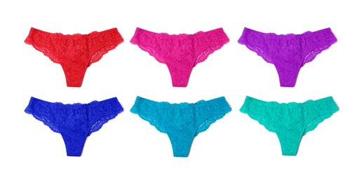Image of Beautiful women's panties in different colors on white background, set
