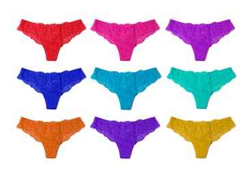 Image of Beautiful women's panties in different colors on white background, set