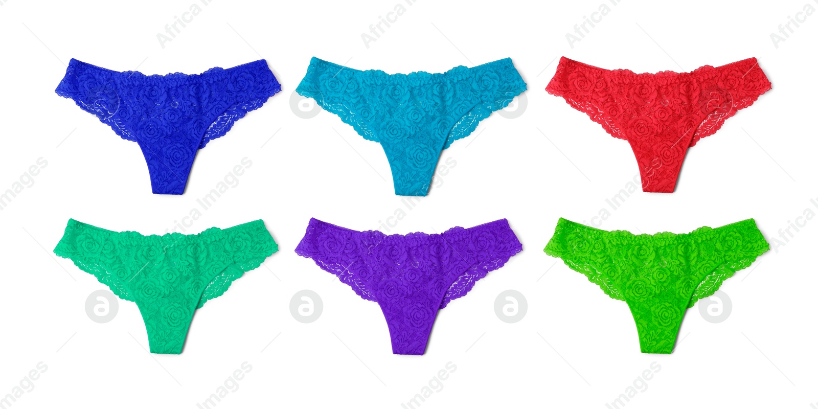 Beautiful women's panties in different colors on white background, set Image of Beautiful women's panties in different colors on white background, set