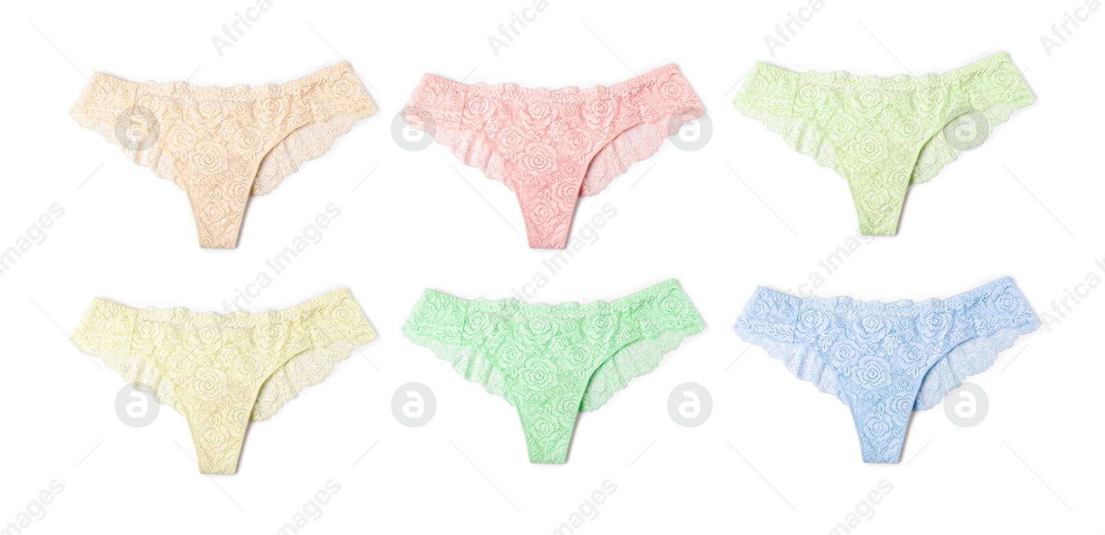 Beautiful women's panties in different colors on white background, set Image of Beautiful women's panties in different colors on white background, set