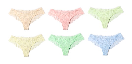 Image of Beautiful women's panties in different colors on white background, set