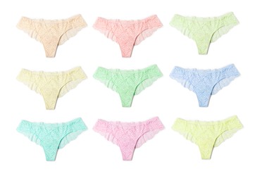 Image of Beautiful women's panties in different colors on white background, set