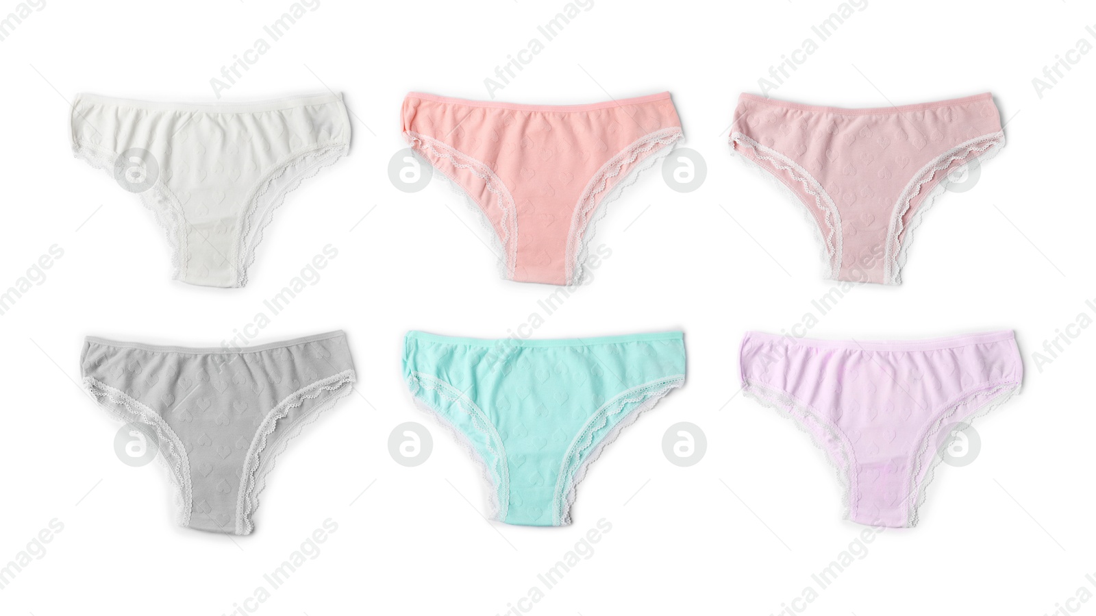 Beautiful women's panties in different colors on white background, set Image of Beautiful women's panties in different colors on white background, set
