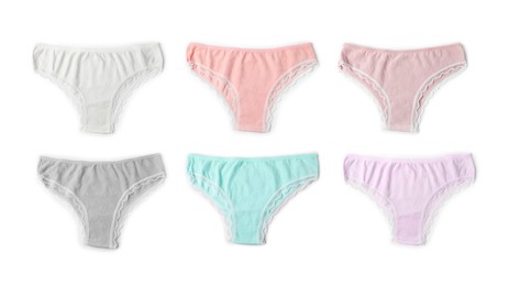 Image of Beautiful women's panties in different colors on white background, set