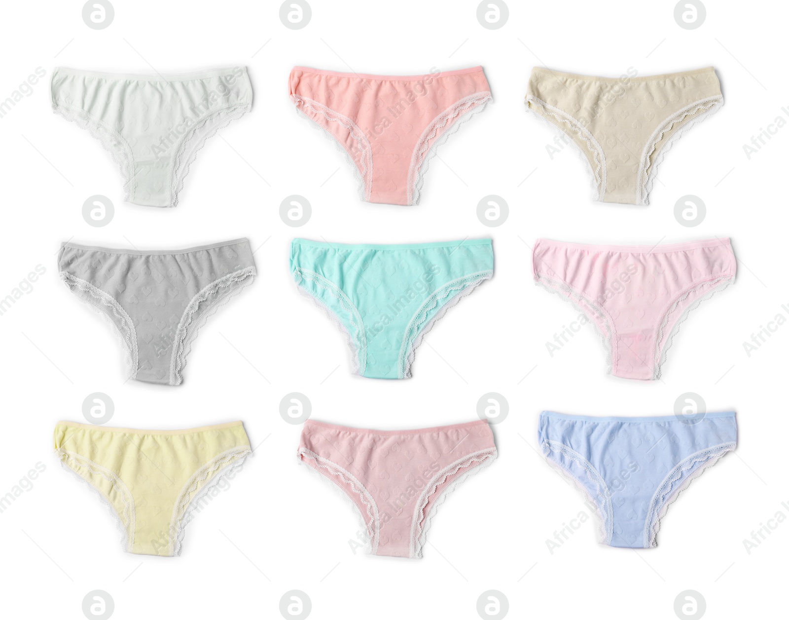 Beautiful women's panties in different colors on white background, set Image of Beautiful women's panties in different colors on white background, set