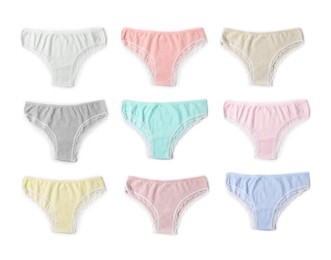 Image of Beautiful women's panties in different colors on white background, set