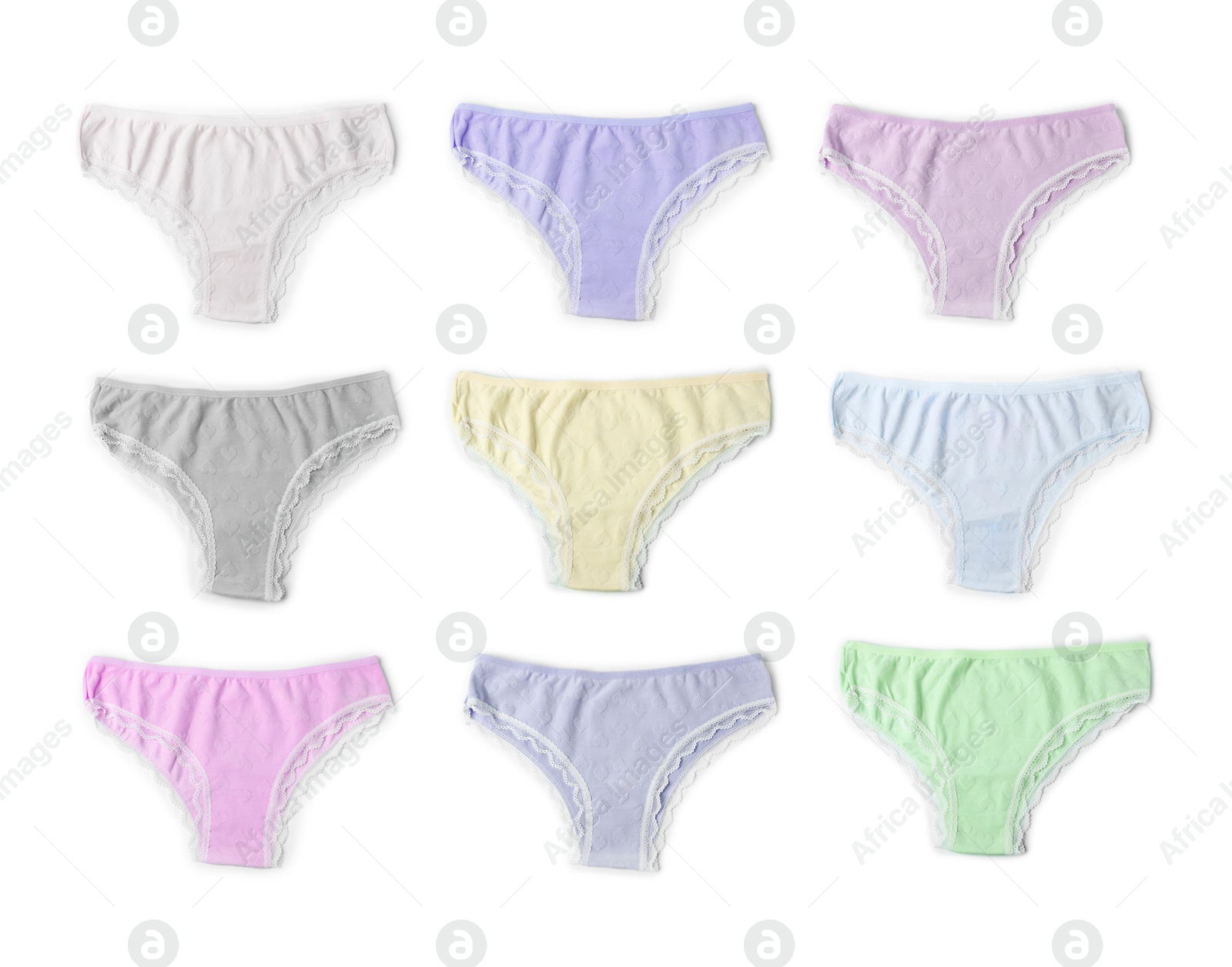Beautiful women's panties in different colors on white background, set Image of Beautiful women's panties in different colors on white background, set