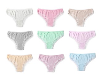Image of Beautiful women's panties in different colors on white background, set