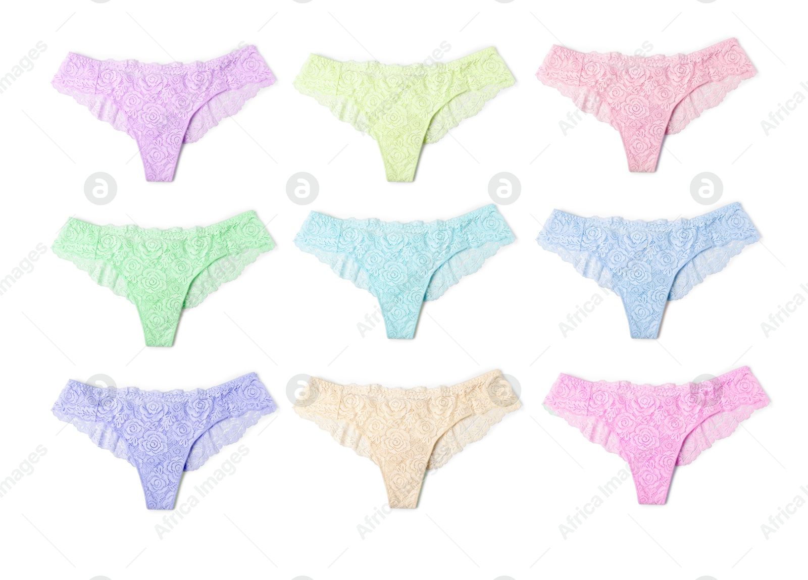 Beautiful women's panties in different colors on white background, set Image of Beautiful women's panties in different colors on white background, set