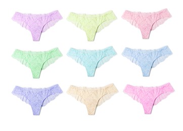 Image of Beautiful women's panties in different colors on white background, set