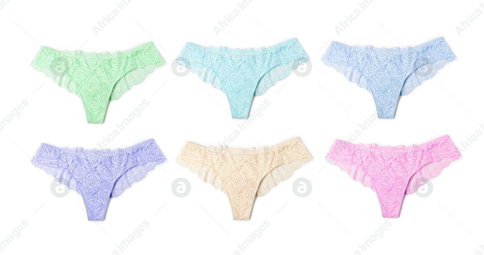 Beautiful women's panties in different colors on white background, set Image of Beautiful women's panties in different colors on white background, set