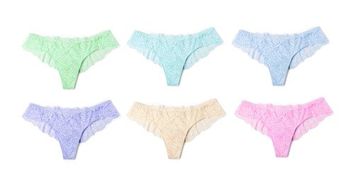 Image of Beautiful women's panties in different colors on white background, set