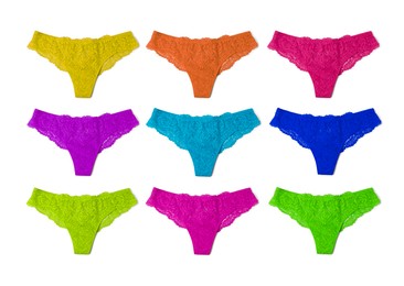 Image of Beautiful women's panties in different colors on white background, set