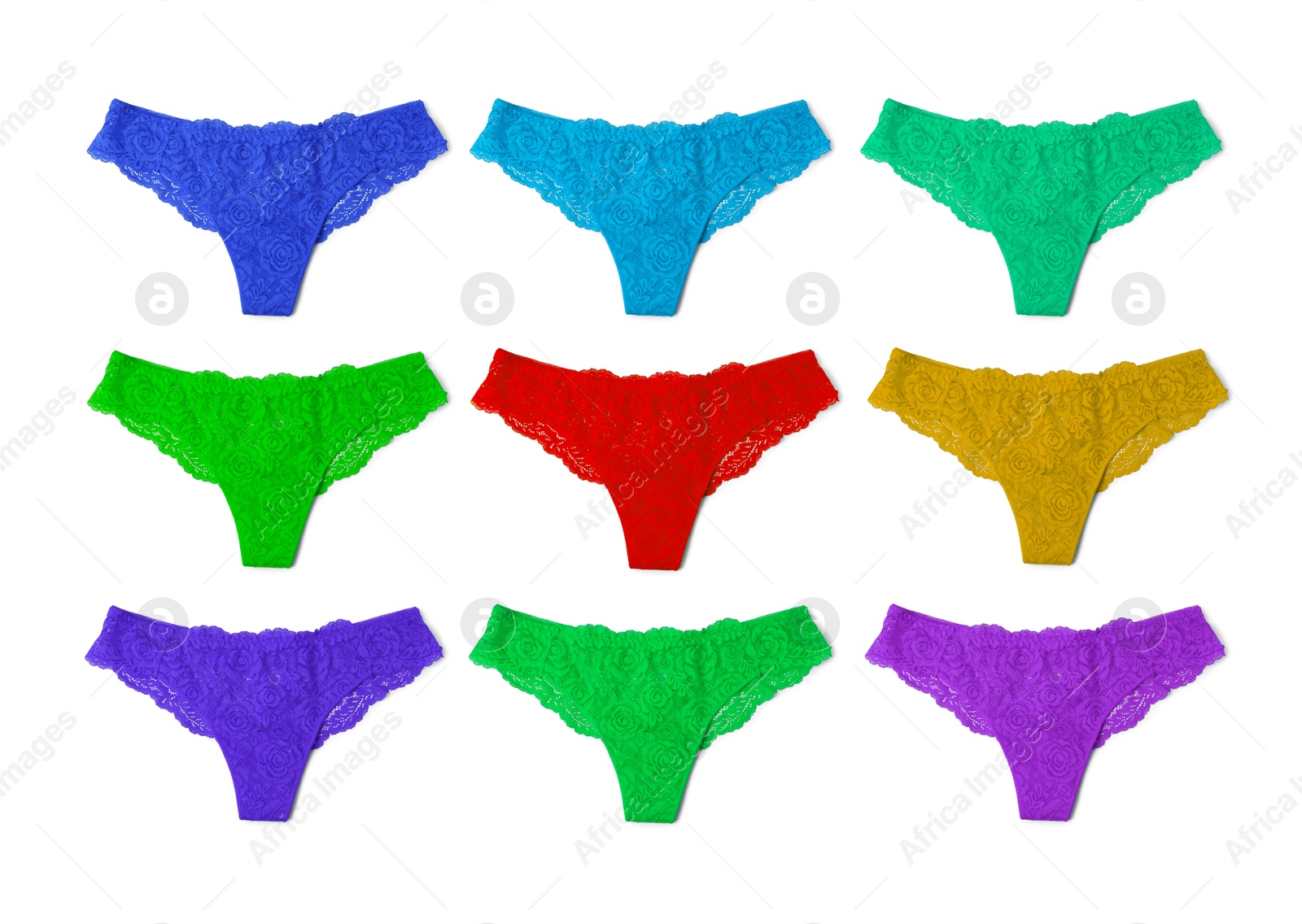 Beautiful women's panties in different colors on white background, set Image of Beautiful women's panties in different colors on white background, set