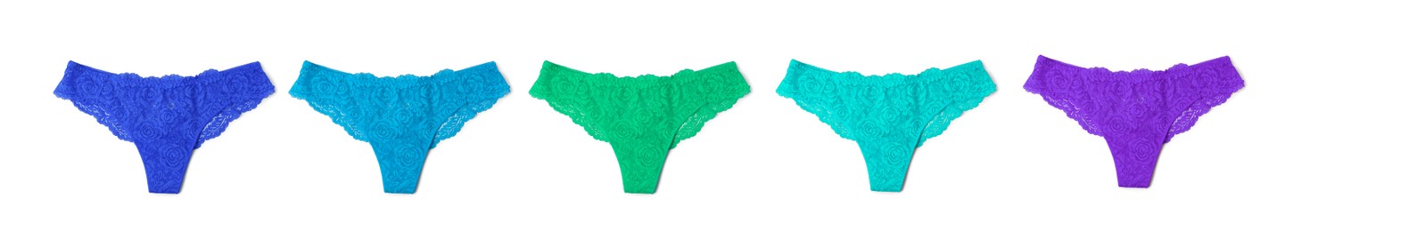 Image of Beautiful women's panties in different colors on white background, set