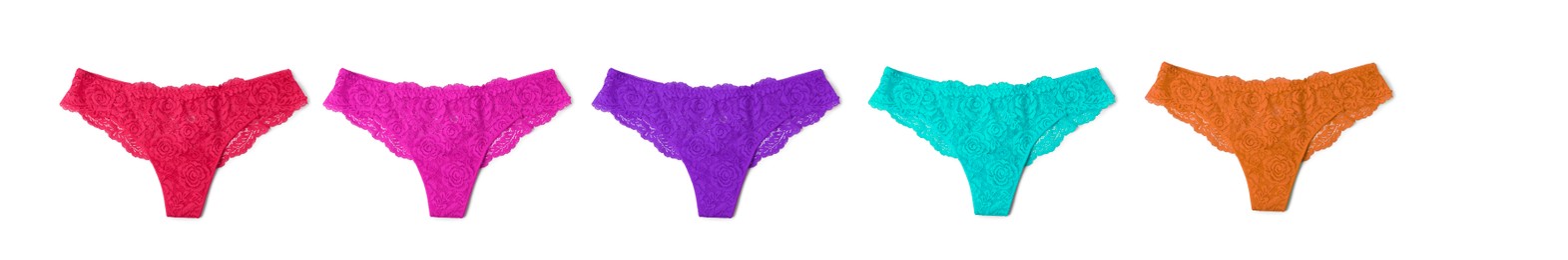 Image of Beautiful women's panties in different colors on white background, set