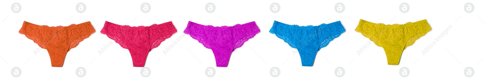 Beautiful women's panties in different colors on white background, set Image of Beautiful women's panties in different colors on white background, set