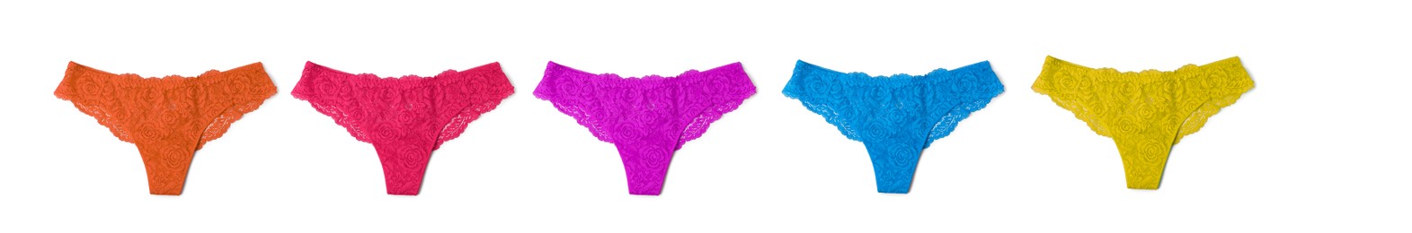 Image of Beautiful women's panties in different colors on white background, set