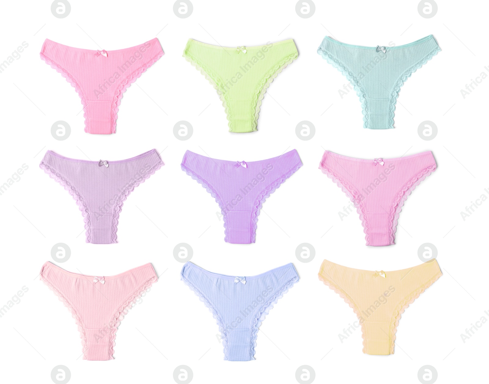 Beautiful women's panties in different colors on white background, set Image of Beautiful women's panties in different colors on white background, set