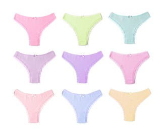Image of Beautiful women's panties in different colors on white background, set