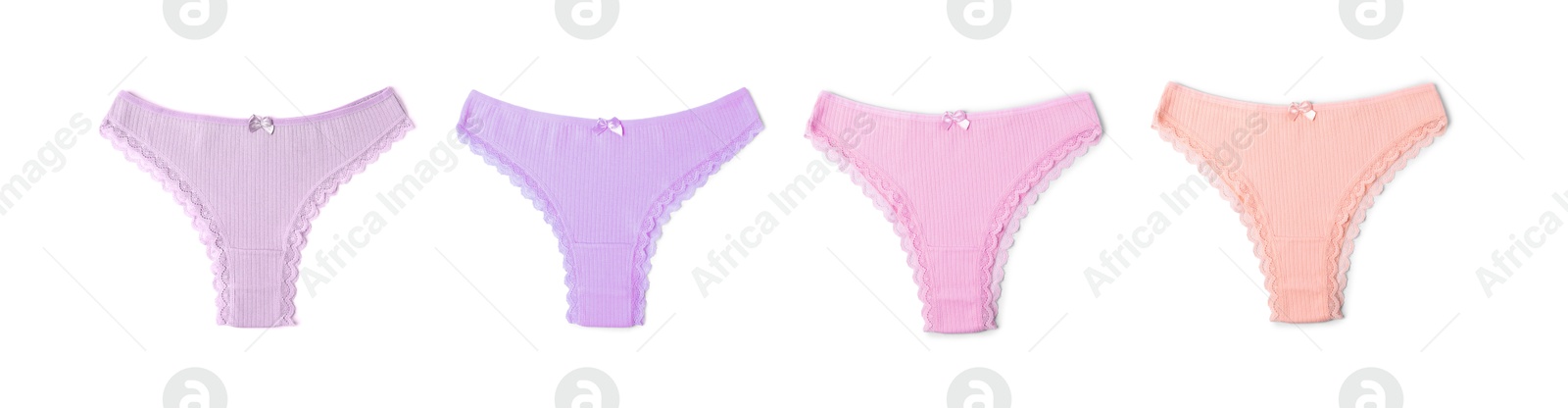 Beautiful women's panties in different colors on white background, set Image of Beautiful women's panties in different colors on white background, set