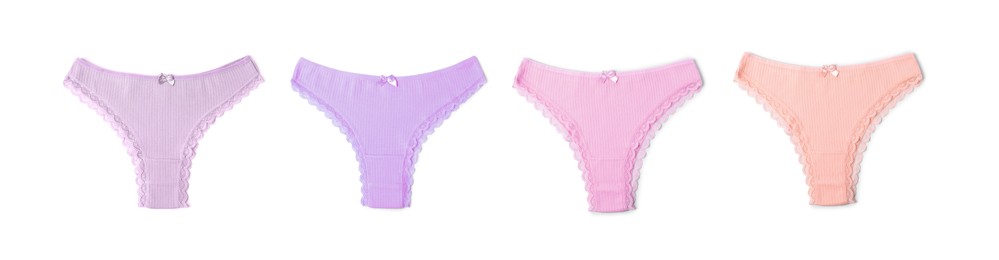 Image of Beautiful women's panties in different colors on white background, set