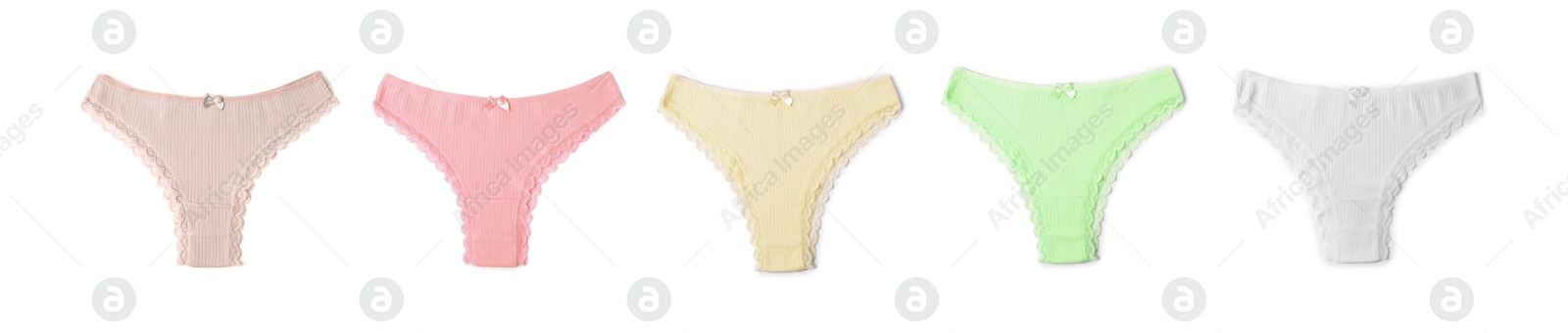 Beautiful women's panties in different colors on white background, set Image of Beautiful women's panties in different colors on white background, set