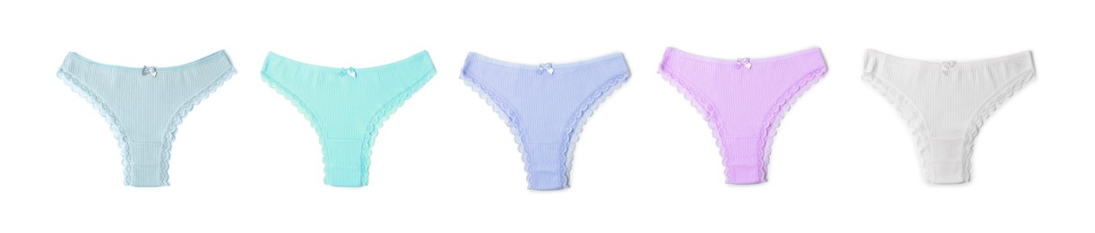 Image of Beautiful women's panties in different colors on white background, set
