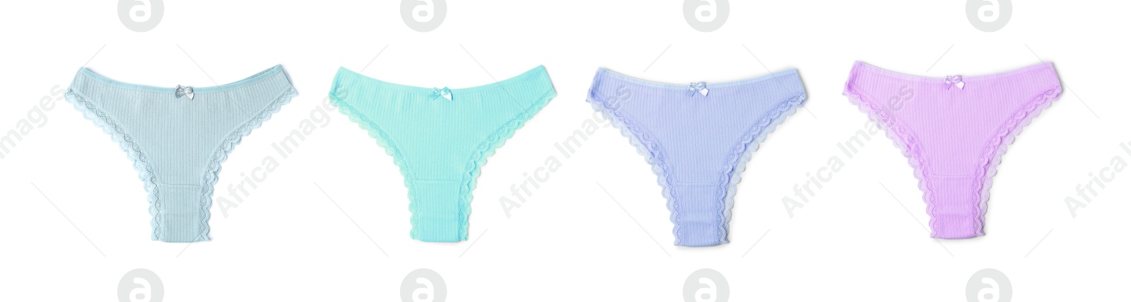 Beautiful women's panties in different colors on white background, set Image of Beautiful women's panties in different colors on white background, set