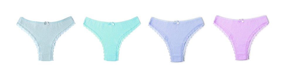 Image of Beautiful women's panties in different colors on white background, set