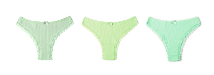 Image of Beautiful women's panties in different colors on white background, set