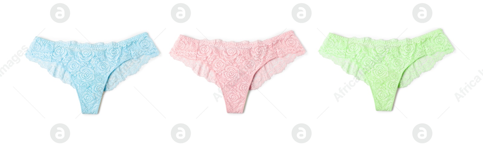 Beautiful women's panties in different colors on white background, set Image of Beautiful women's panties in different colors on white background, set
