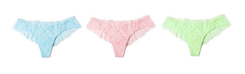 Image of Beautiful women's panties in different colors on white background, set