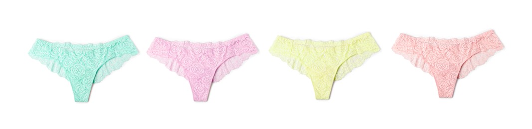 Image of Beautiful women's panties in different colors on white background, set