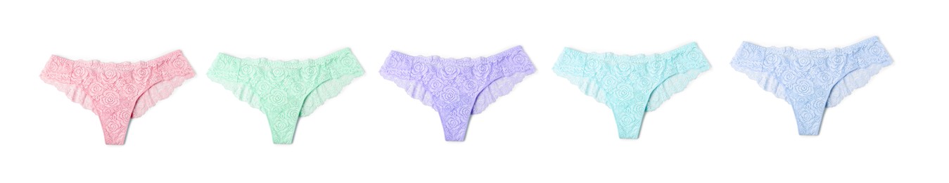 Image of Beautiful women's panties in different colors on white background, set