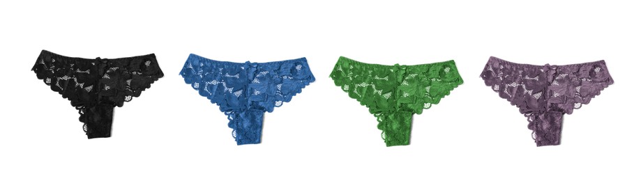 Image of Beautiful women's panties in different colors on white background, set