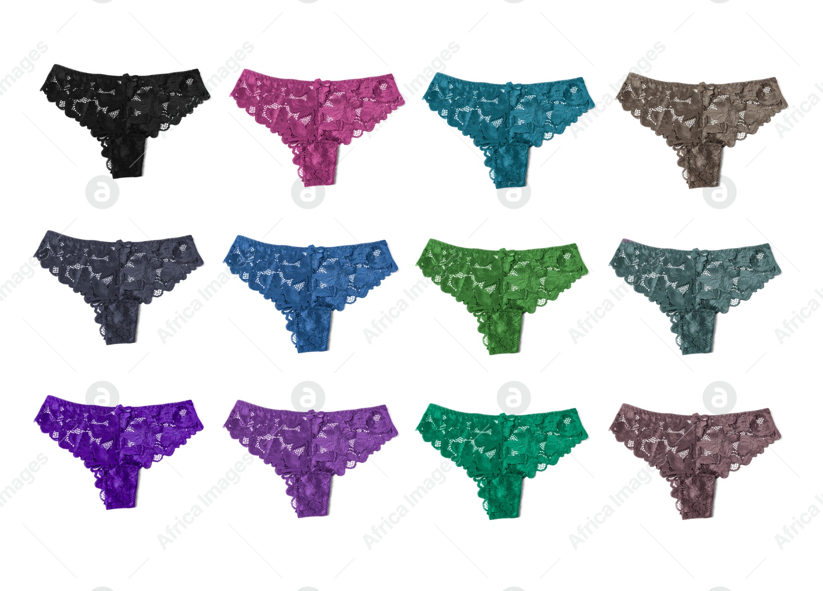 Beautiful women's panties in different colors on white background, set Image of Beautiful women's panties in different colors on white background, set