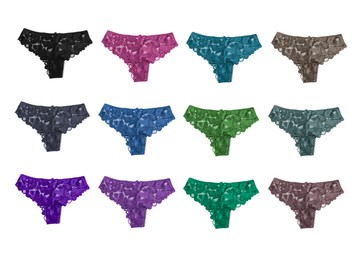 Image of Beautiful women's panties in different colors on white background, set