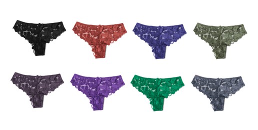 Image of Beautiful women's panties in different colors on white background, set
