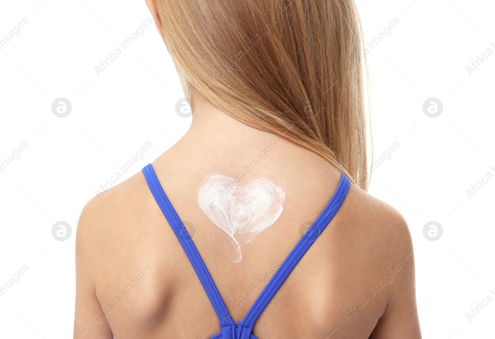 Little girl with sun protection cream on her skin against white background, back view Photo of Little girl with sun protection cream on her skin against white background, back view