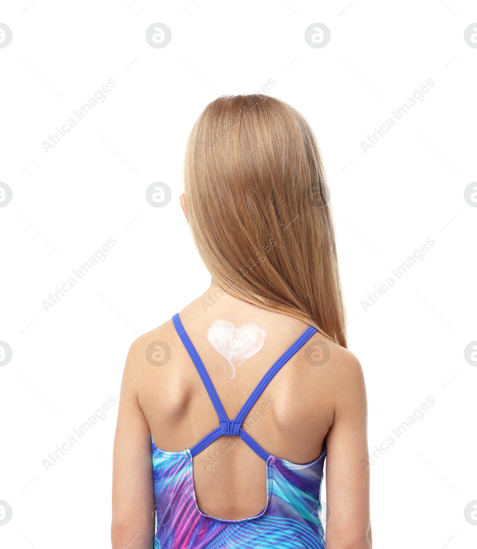 Little girl with sun protection cream on her skin against white background, back view Photo of Little girl with sun protection cream on her skin against white background, back view