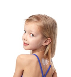 Photo of Little girl with sun protection cream on her skin against white background, back view