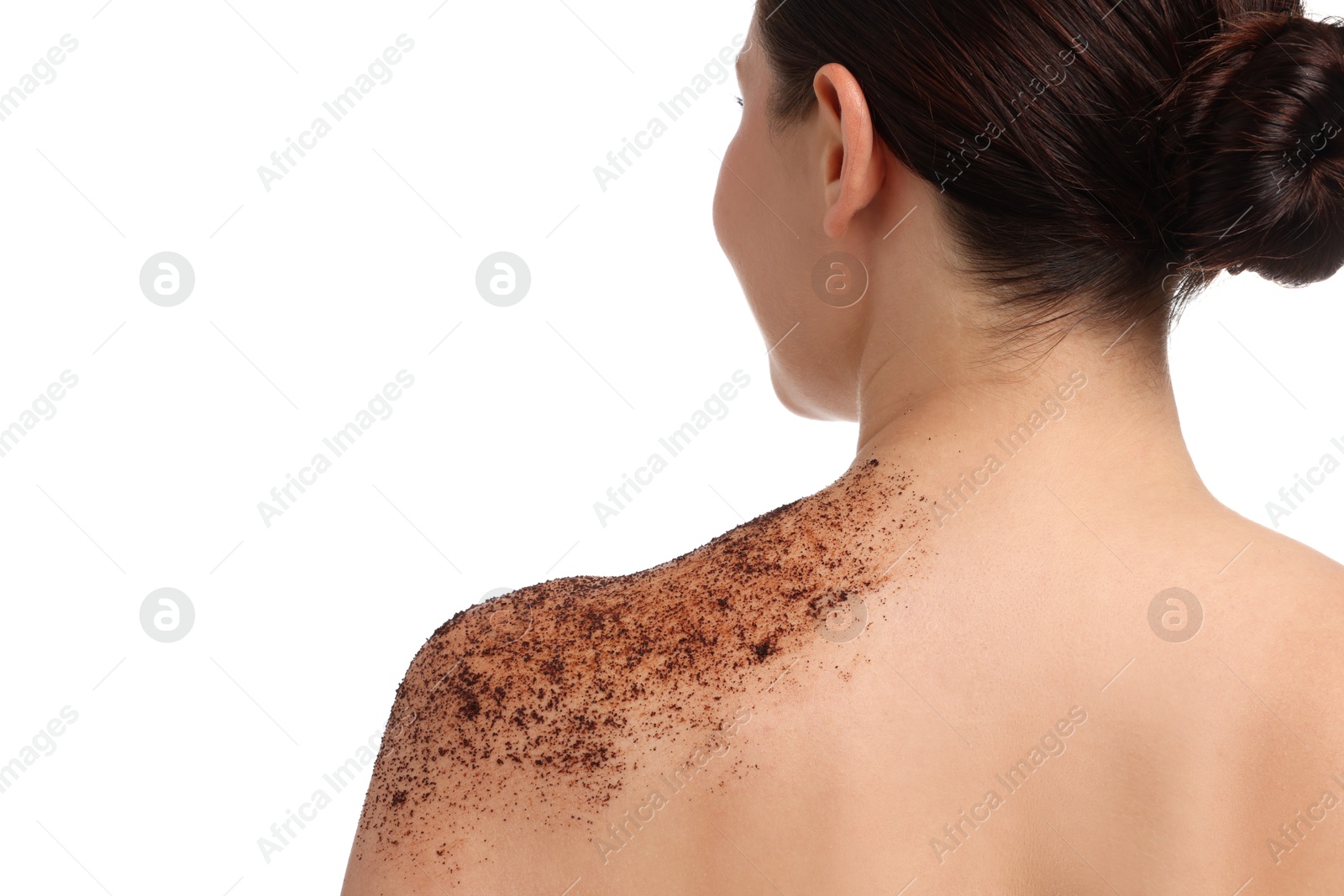 Photo of Woman with body scrub on her shoulder against white background, back view