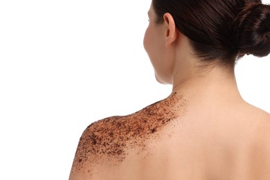 Photo of Woman with body scrub on her shoulder against white background, back view